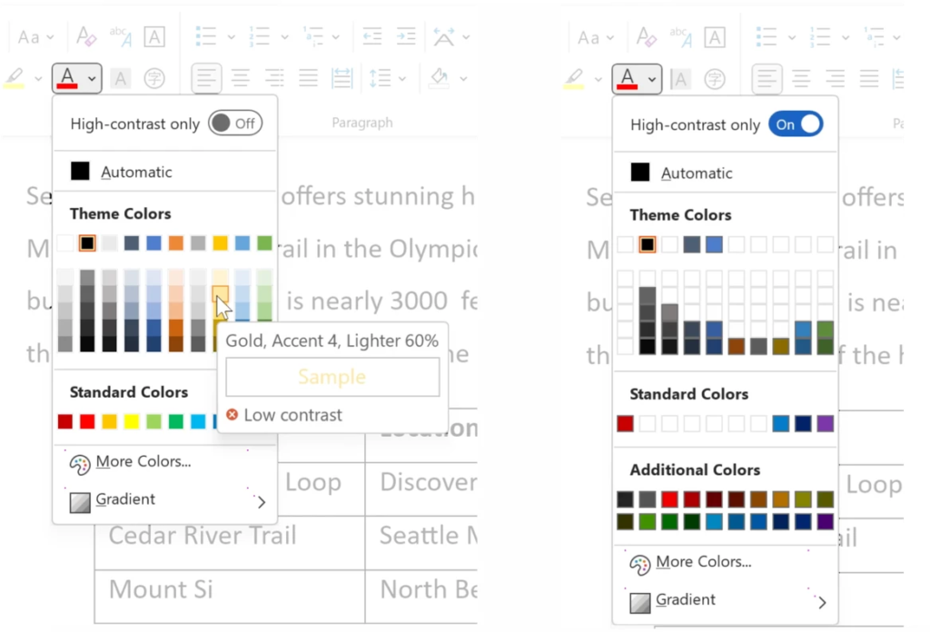 Deux vues du sélecteur de couleurs de Microsoft Word